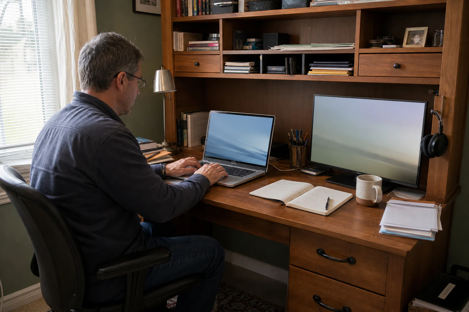 Compact desk hutch in an ordinary home office with a laptop, paper task, reachable shelf, and one open work area