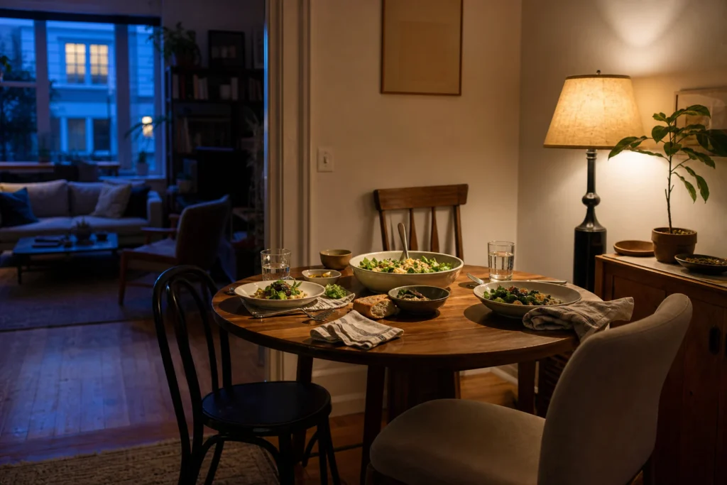 Compact dining corner at night lit by a shaded floor lamp with faces and place settings visible