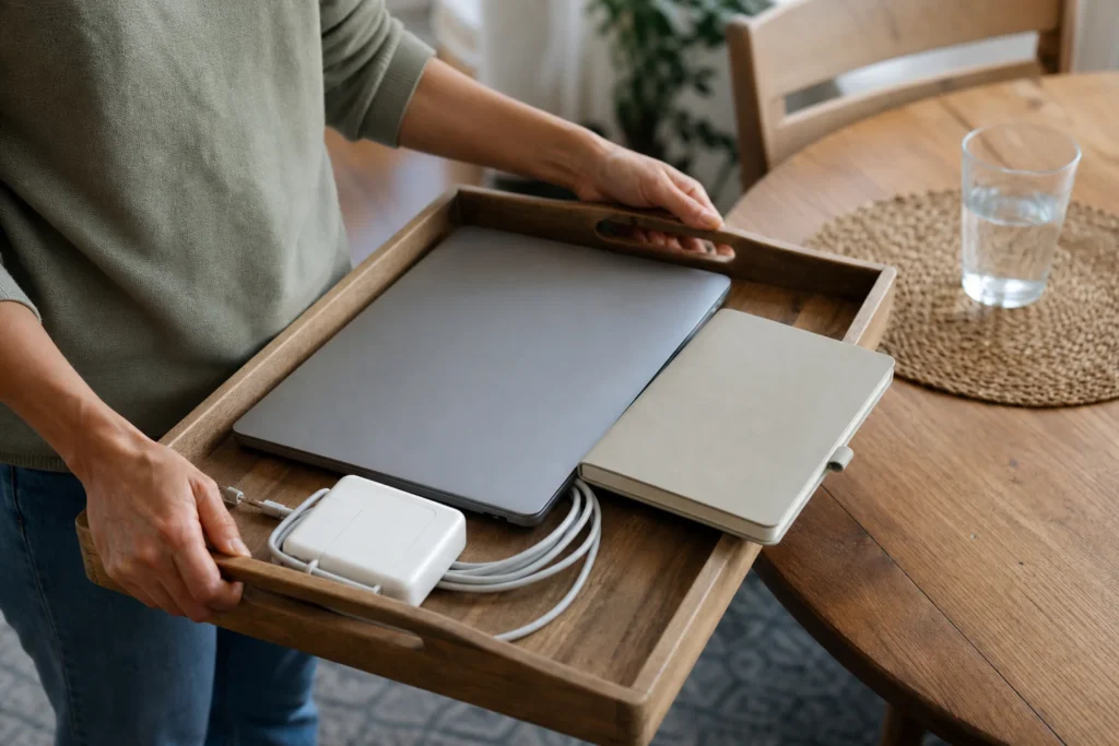 Portable lidded tray holding a laptop charger and notebook beside a dining table cleared for a meal