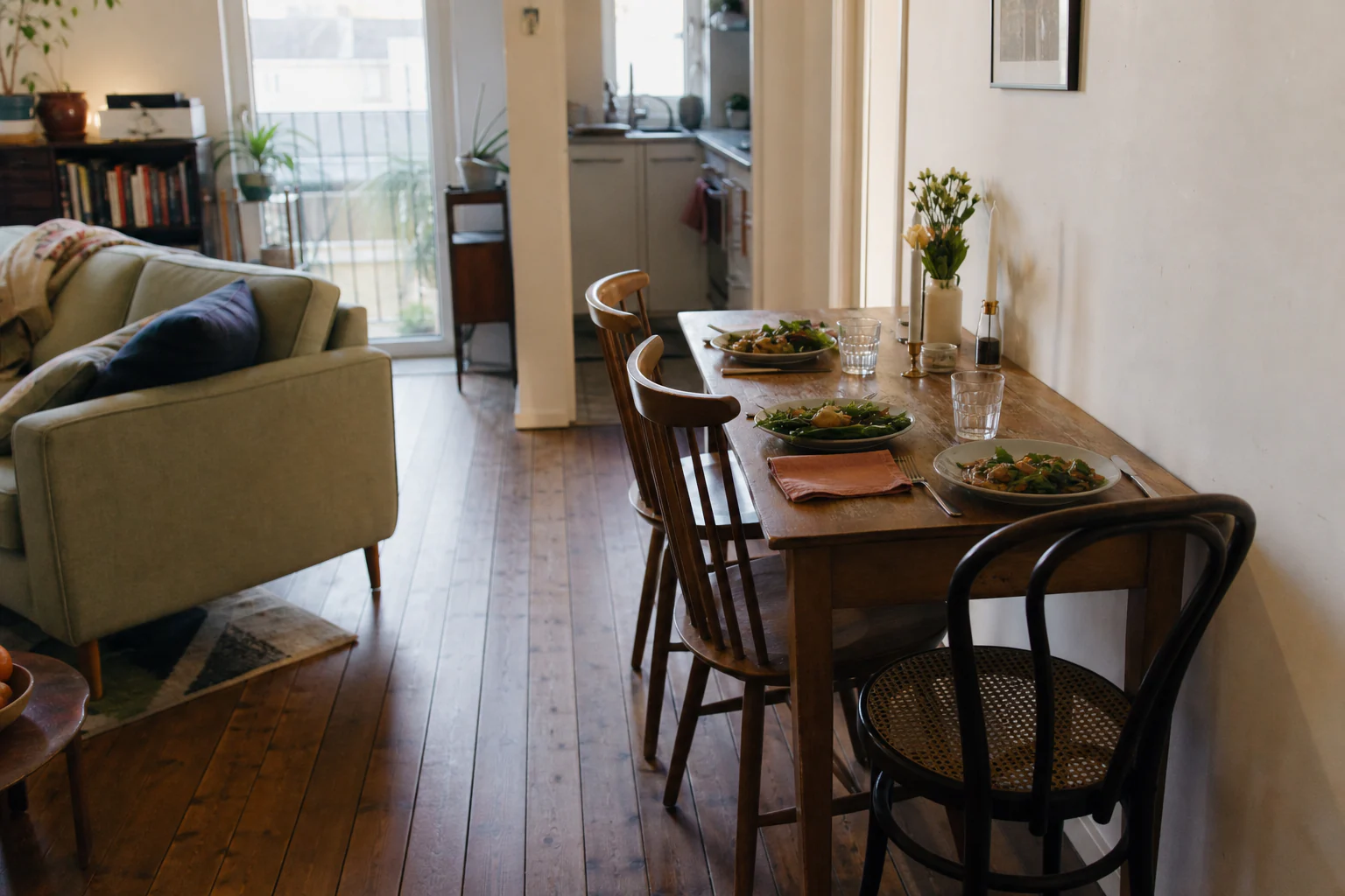 Compact living room with a wall-side dining table set for three, a mismatched chair, and a clear route to the balcony