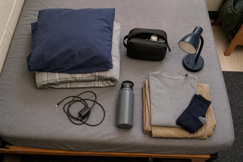 First-night dorm kit with bedding, towel, toiletries, medication pouch, charger, water bottle, and sleep clothes