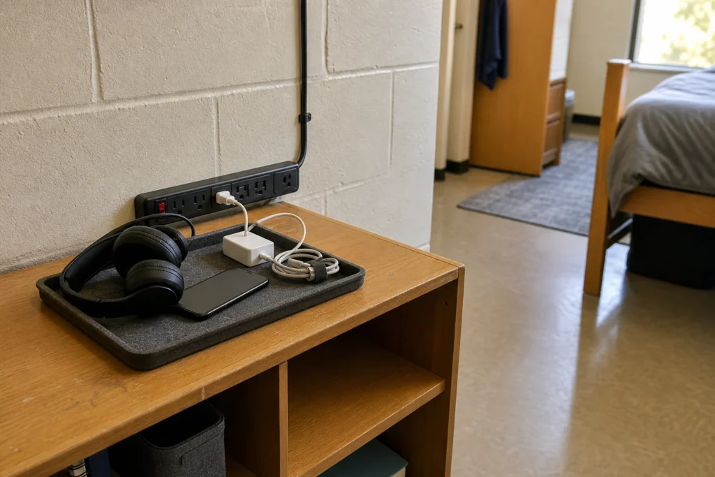 Dorm bedside charging area with a certified power strip on an open surface, short cable routes, and bedding kept clear