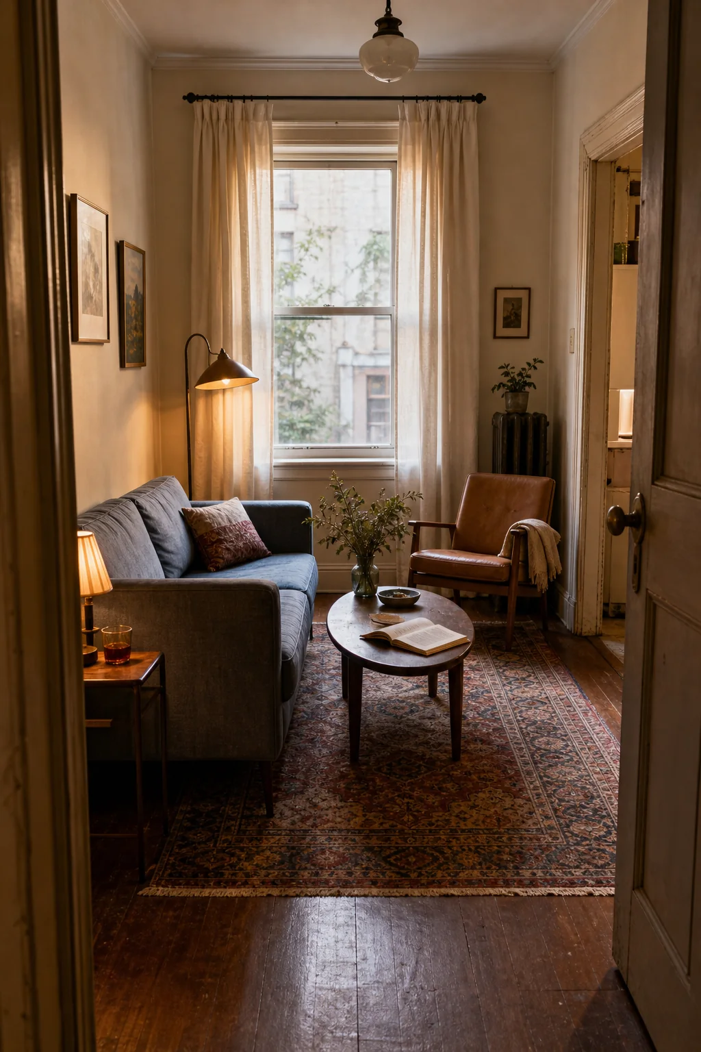 Compact living room with a clear walking route, correctly sized rug, and layered lighting