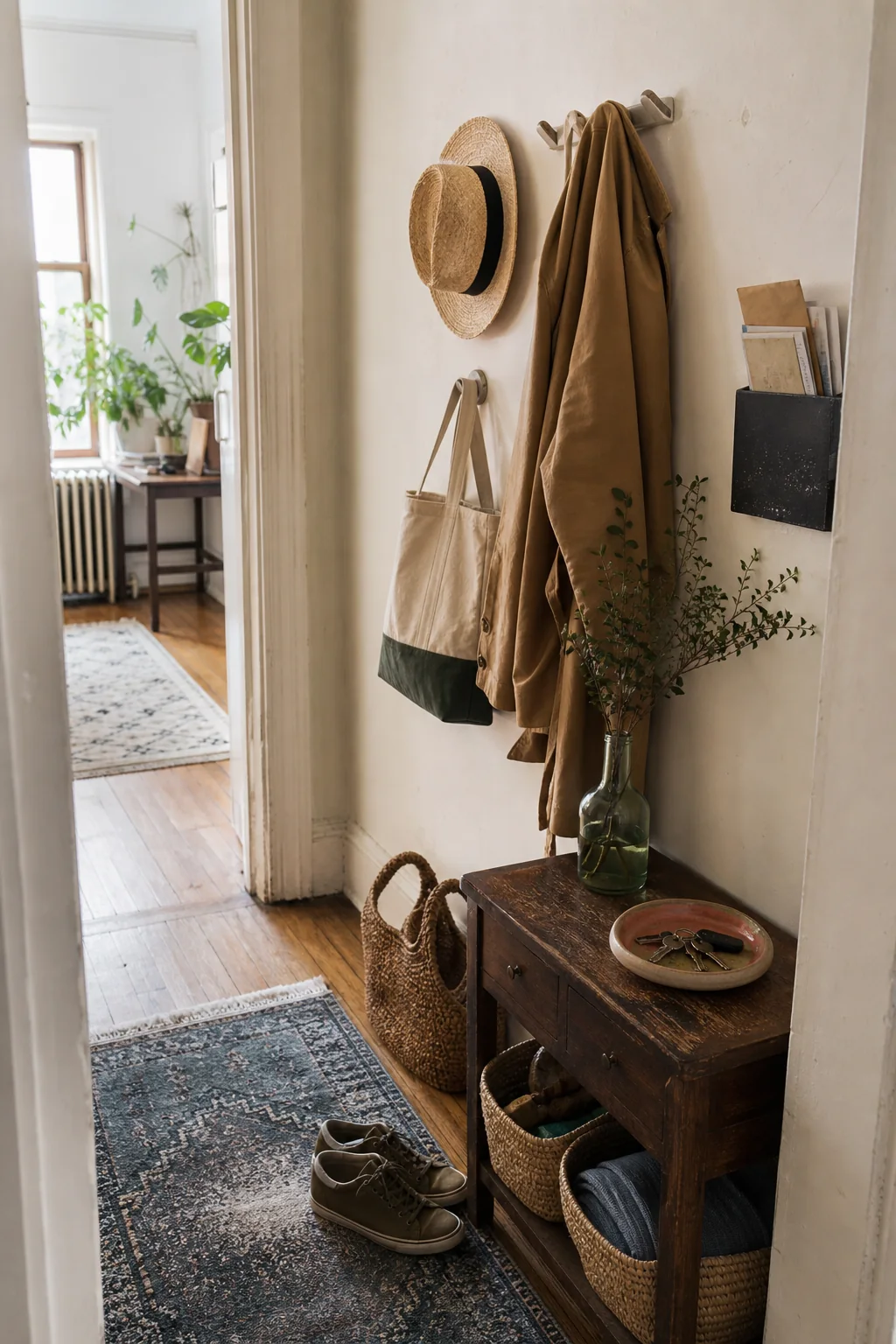 Working apartment entryway with coats, shoes, baskets, keys, and everyday belongings