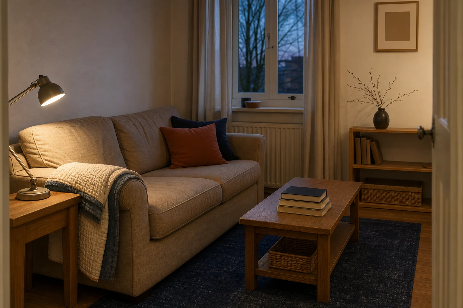 Lived-in living room near dusk with one used throw, a reading lamp, books and a simple branch arrangement