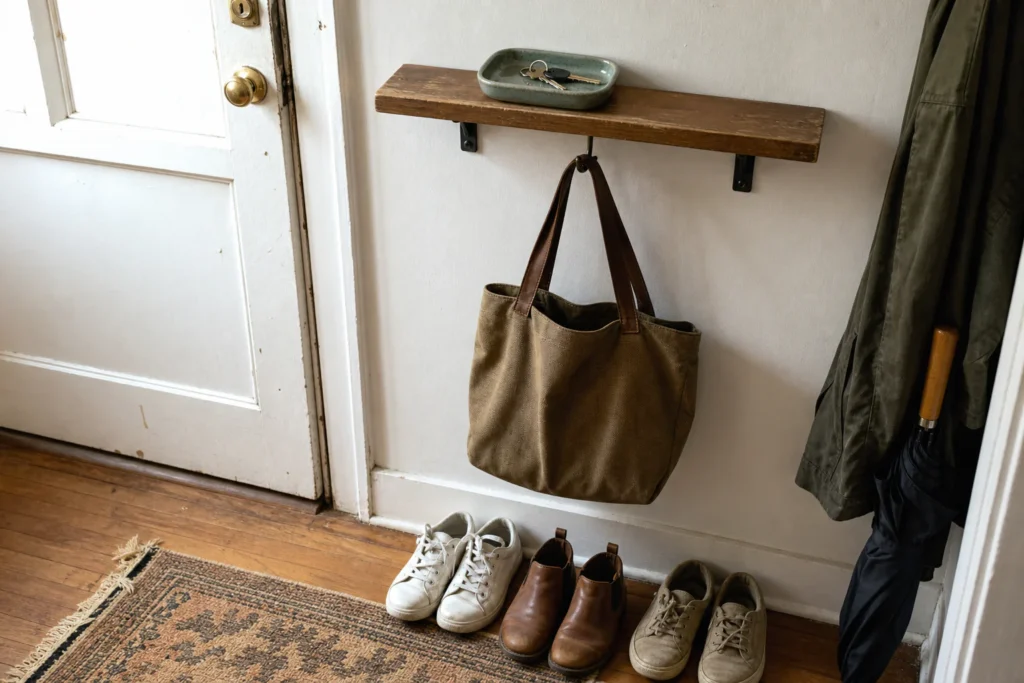 Compact arrival strip with hooks, shallow tray, shoe space, and one tote placed beside an apartment door
