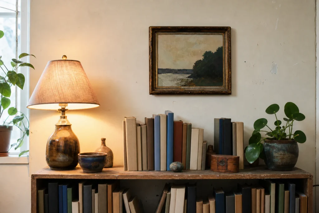 First apartment corner several months later with collected art, a repaired chair, books, and plants added gradually