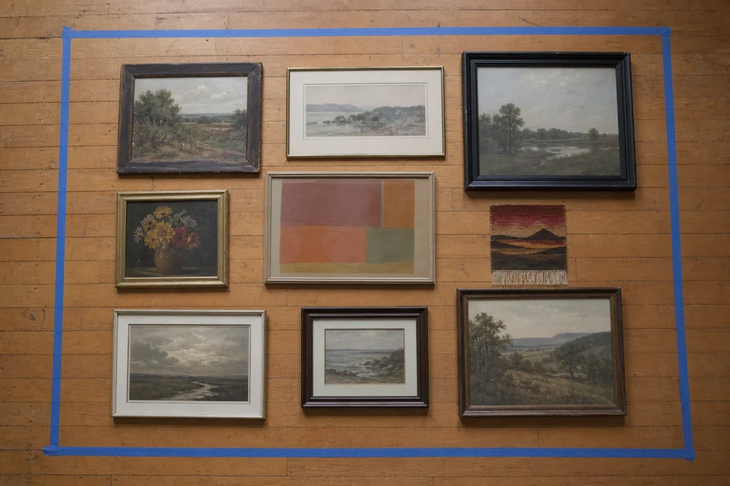 Nine mismatched thrifted frames and objects rehearsed on a floor with measured gaps and one open space