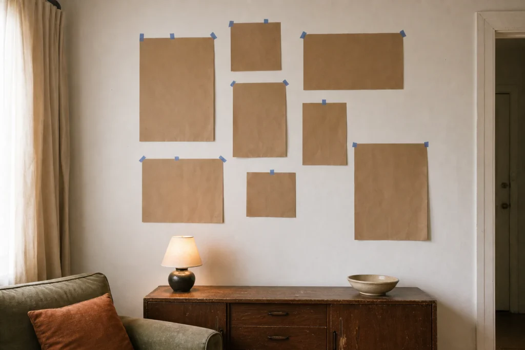 Full-size paper templates taped to a wall above a sideboard with centre marks and hanging points noted