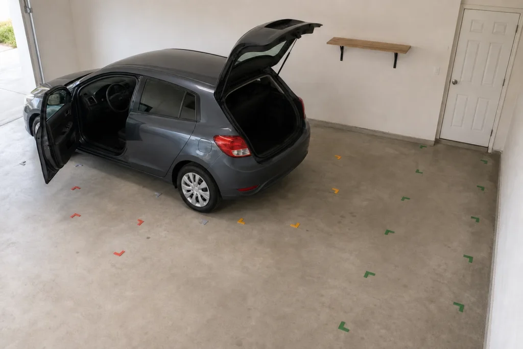 Stationary car in a garage with removable floor markers tracing the body, open driver door, raised hatch loading area and route to the house.