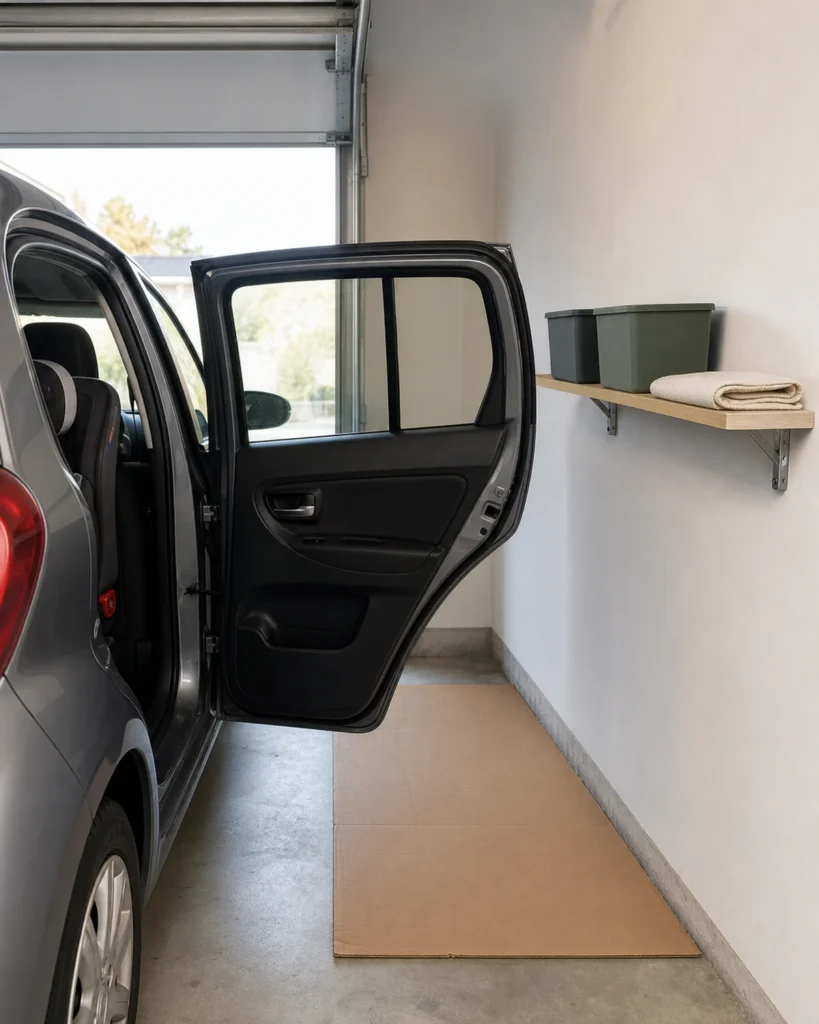 Shallow garage wall shelving beyond an open rear passenger door, with flat cardboard marking how a deeper unit would project into the working area.