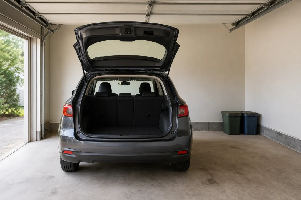 Raised car hatch with a clear loading area beneath an empty ceiling zone and seasonal bins stored farther away at floor level.