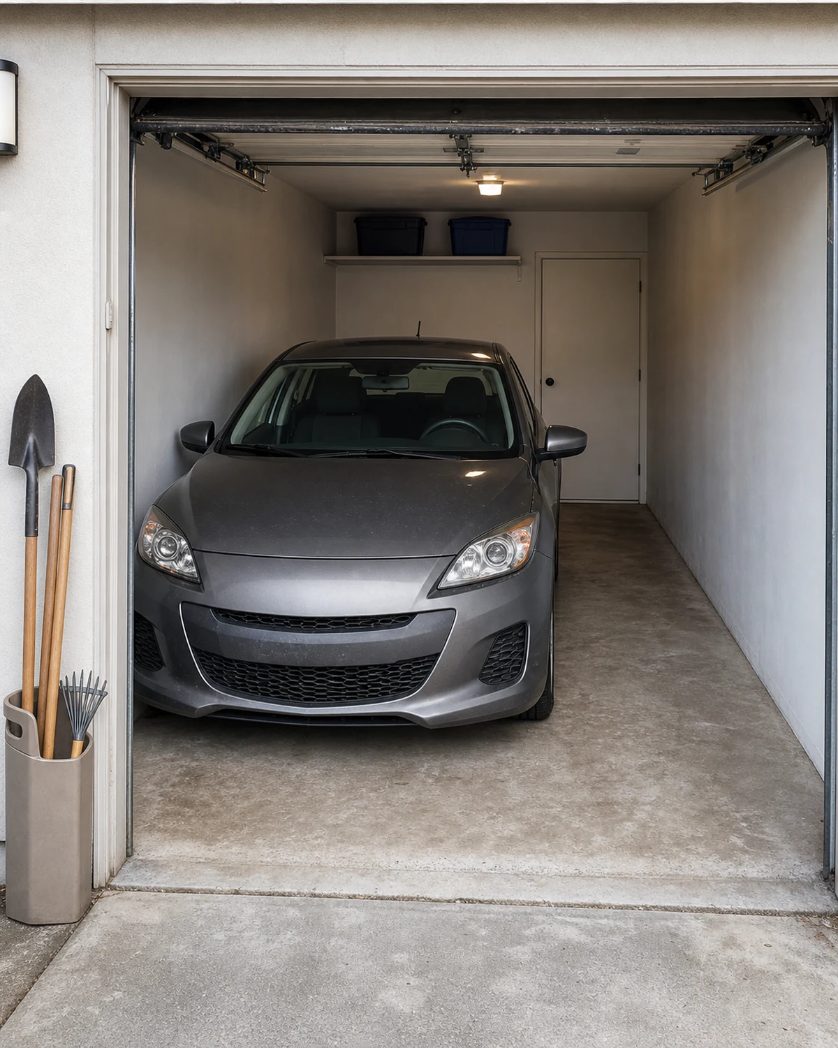 Ordinary single garage with one parked car, a clear route to the house door, shallow wall storage and space around the driver door.