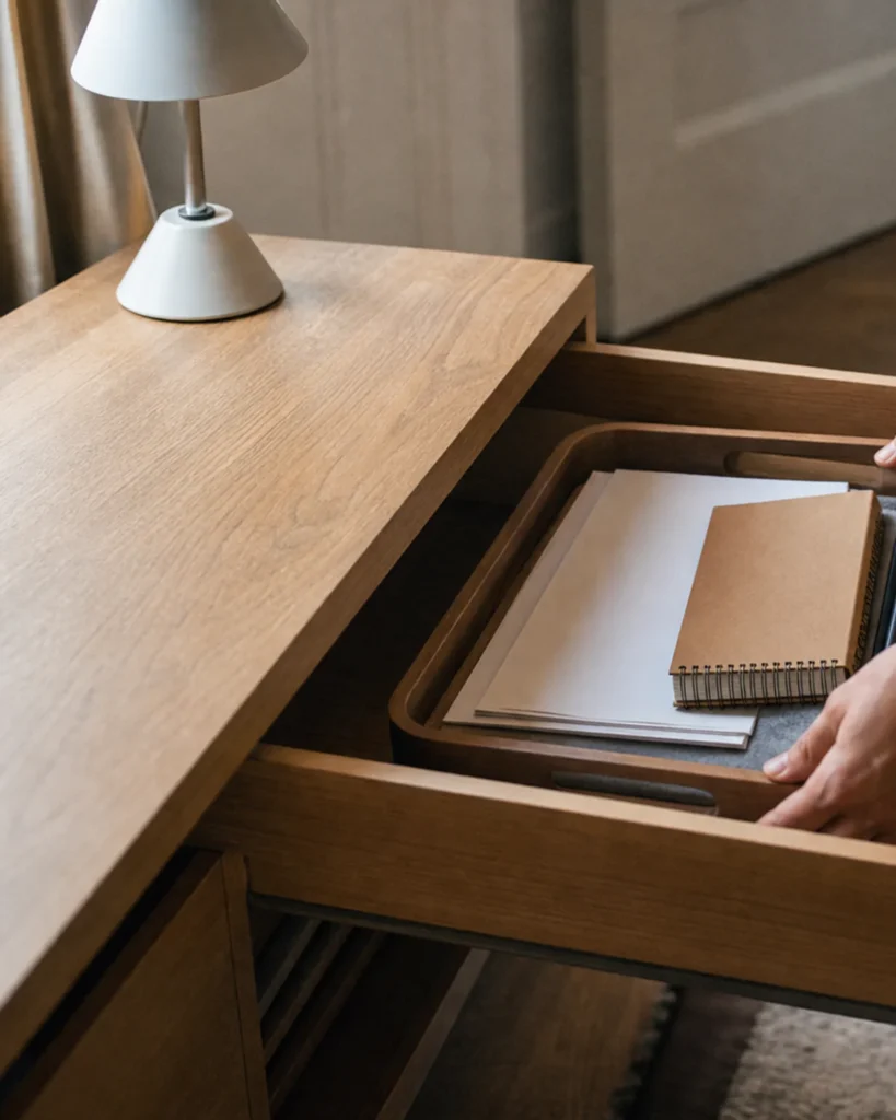 Hands place a shallow tray of papers and pencils into a wide wooden desk drawer beside the compact sofa.