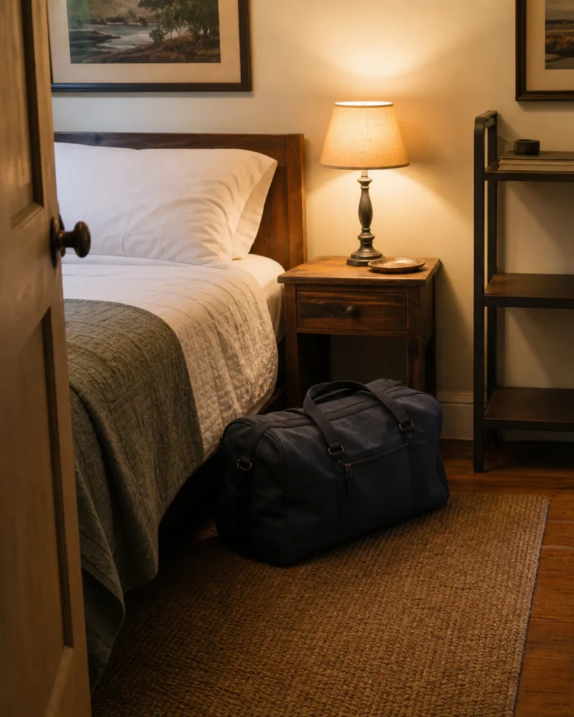 A closed overnight bag rests beside a simply made bed, reachable lamp, empty open shelf and clear doorway route.