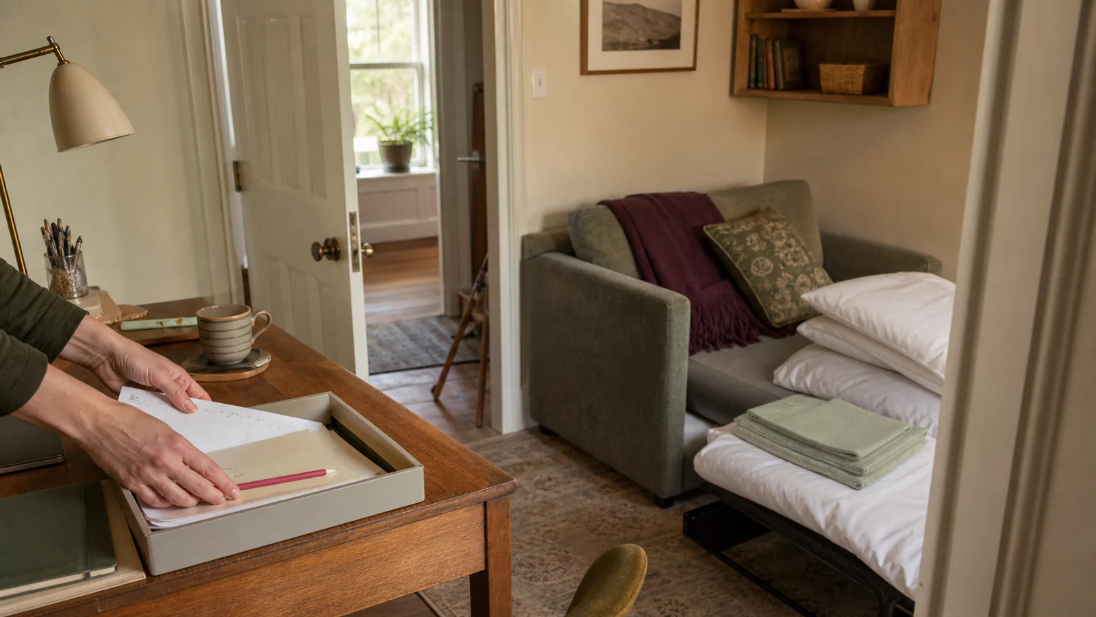 Hands gather an active desk project into a tray while a compact sofa bed is partly opened beside a clear spare-room doorway.