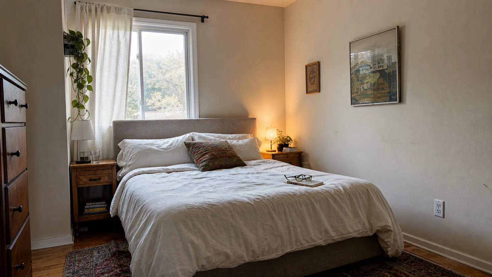 Warm ordinary bedroom with a queen bed, layered sleeping pillows, an off-centre window and a modest upholstered headboard aligned to the bed rather than the wall