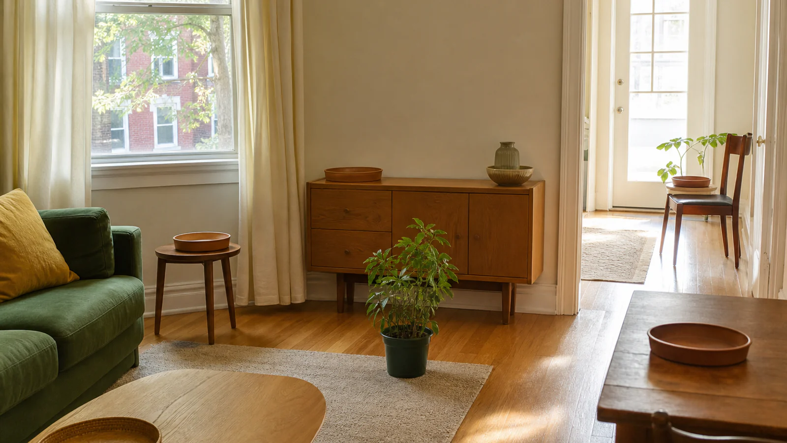 An ordinary living room shows an unidentified potted plant and several possible positions near a curtained window, sideboard and bright doorway.