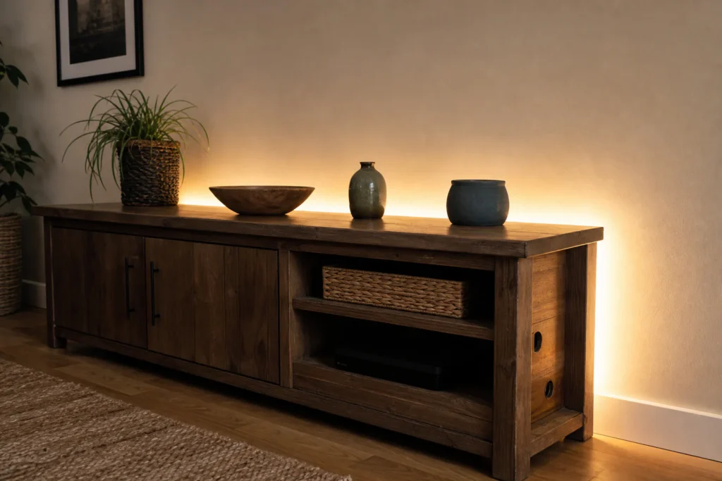 Media cabinet with a subtle warm back glow, visible service access, and the television screen free of reflected glare