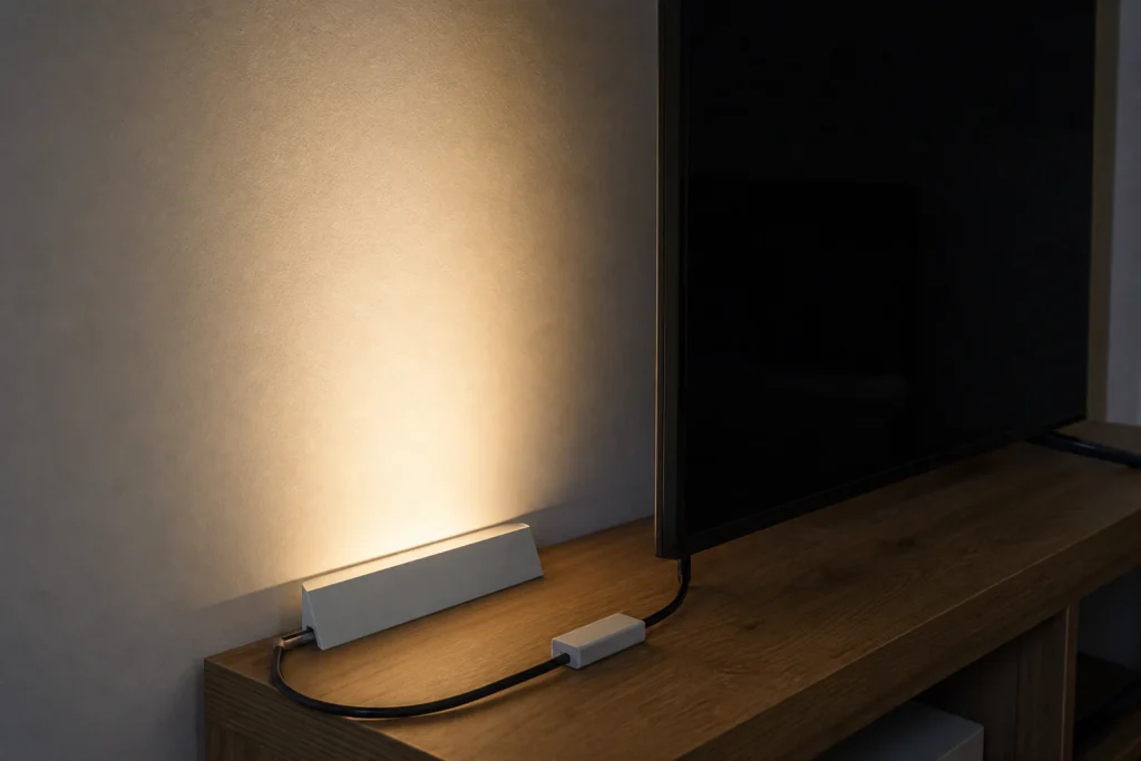 Temporary indirect-light test with an LED strip hidden behind cardboard, bouncing light onto a matte wall