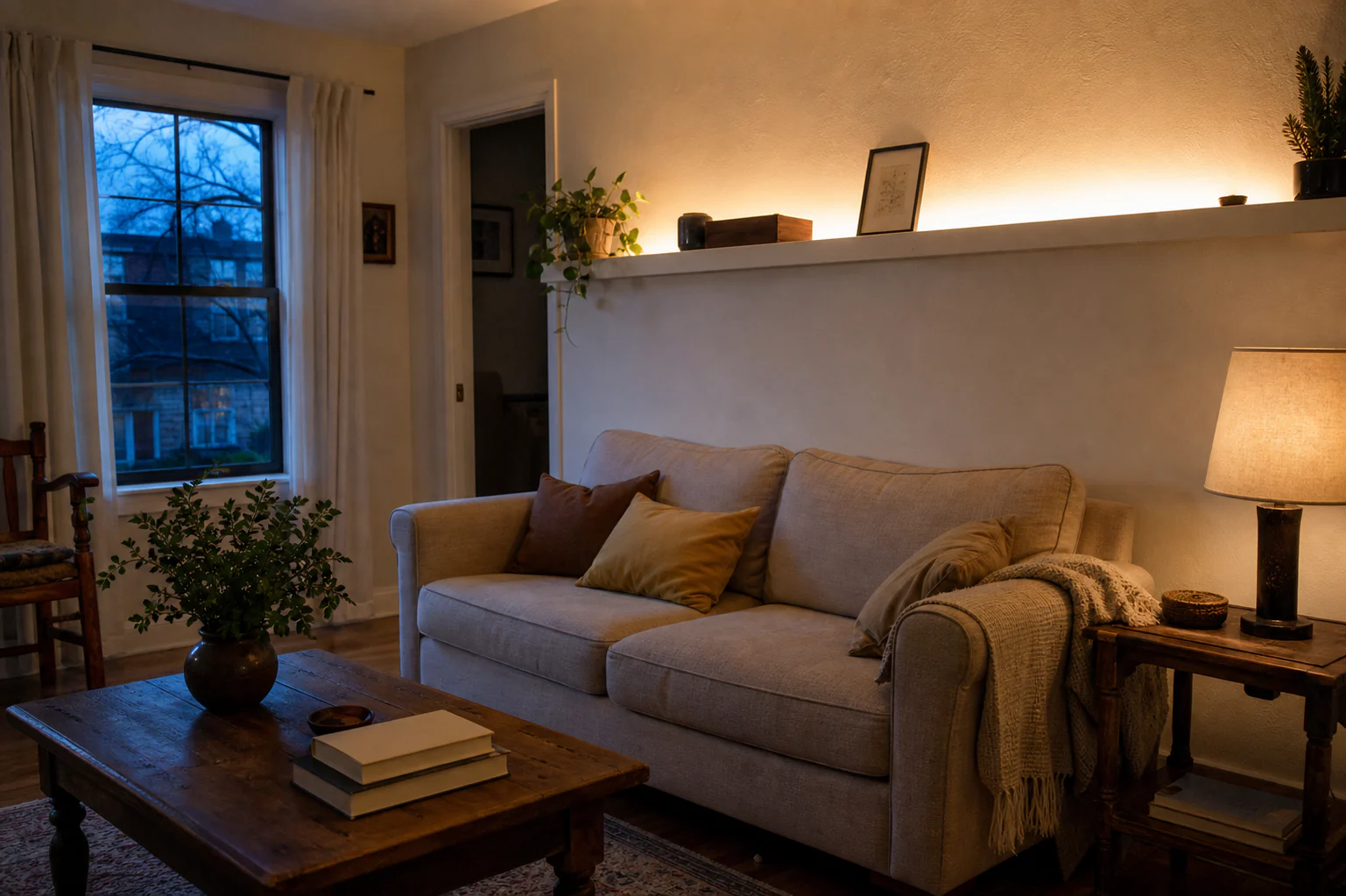 Ordinary living room at night with a soft warm wash of indirect LED light reflected behind a low cabinet and no visible diode dots