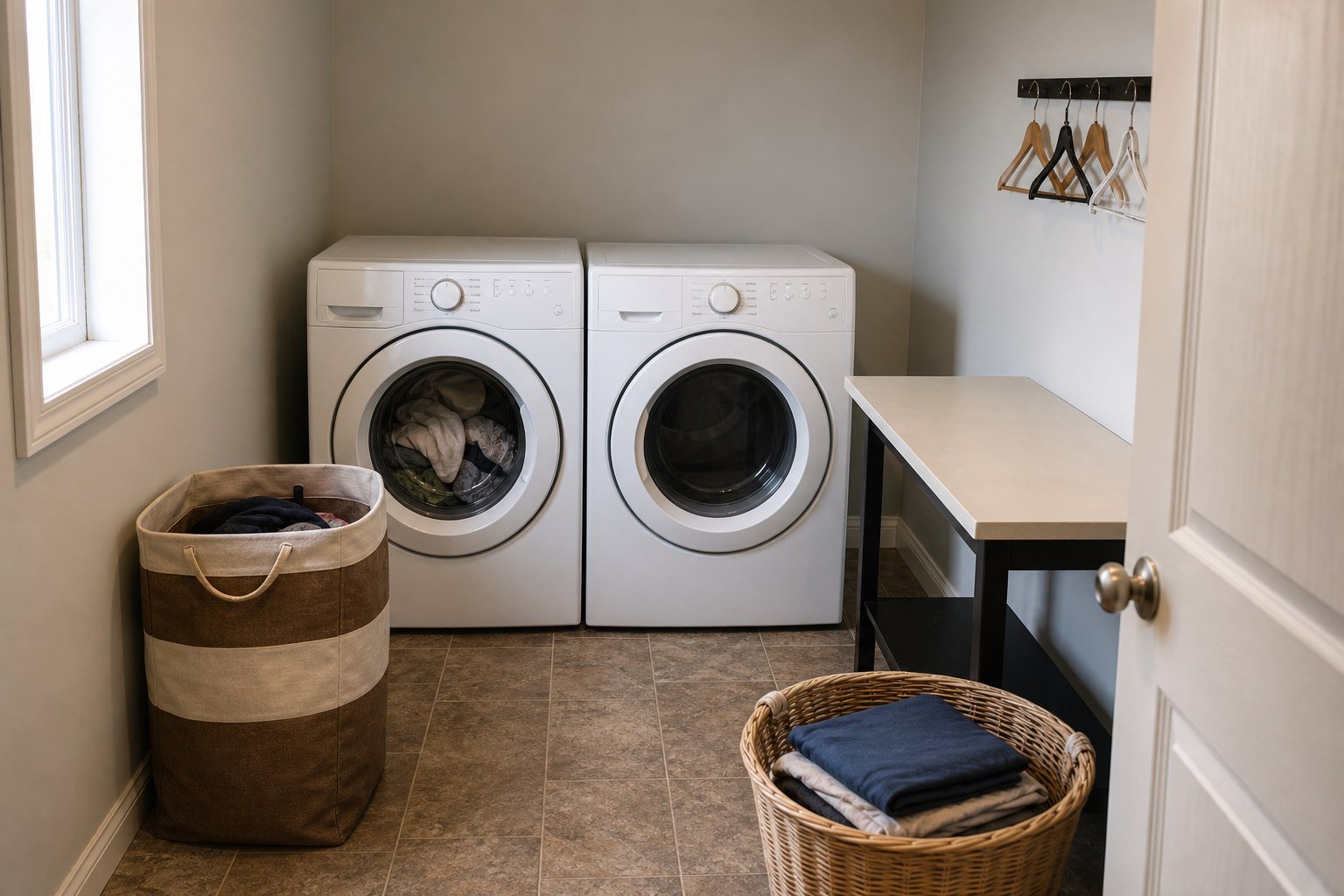 Compact ordinary laundry room with a short route from hamper to washer, clear landing surface and hanging rail