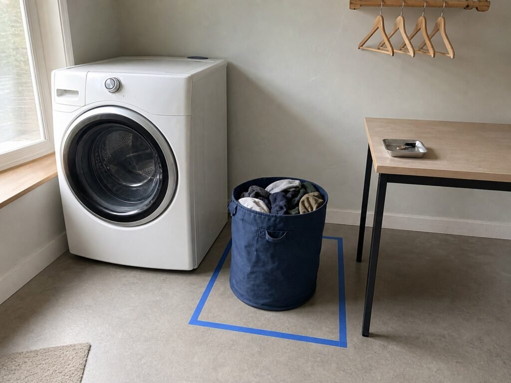 Fabric hamper inside a blue taped floor rectangle beside a washer, with the washer door path and landing table kept clear