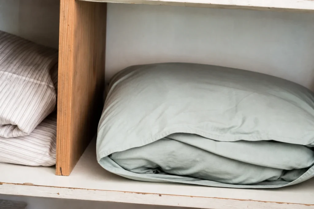 Complete bedding change loosely grouped inside one pillowcase on a shelf, beside a divider separating it from another bed size.