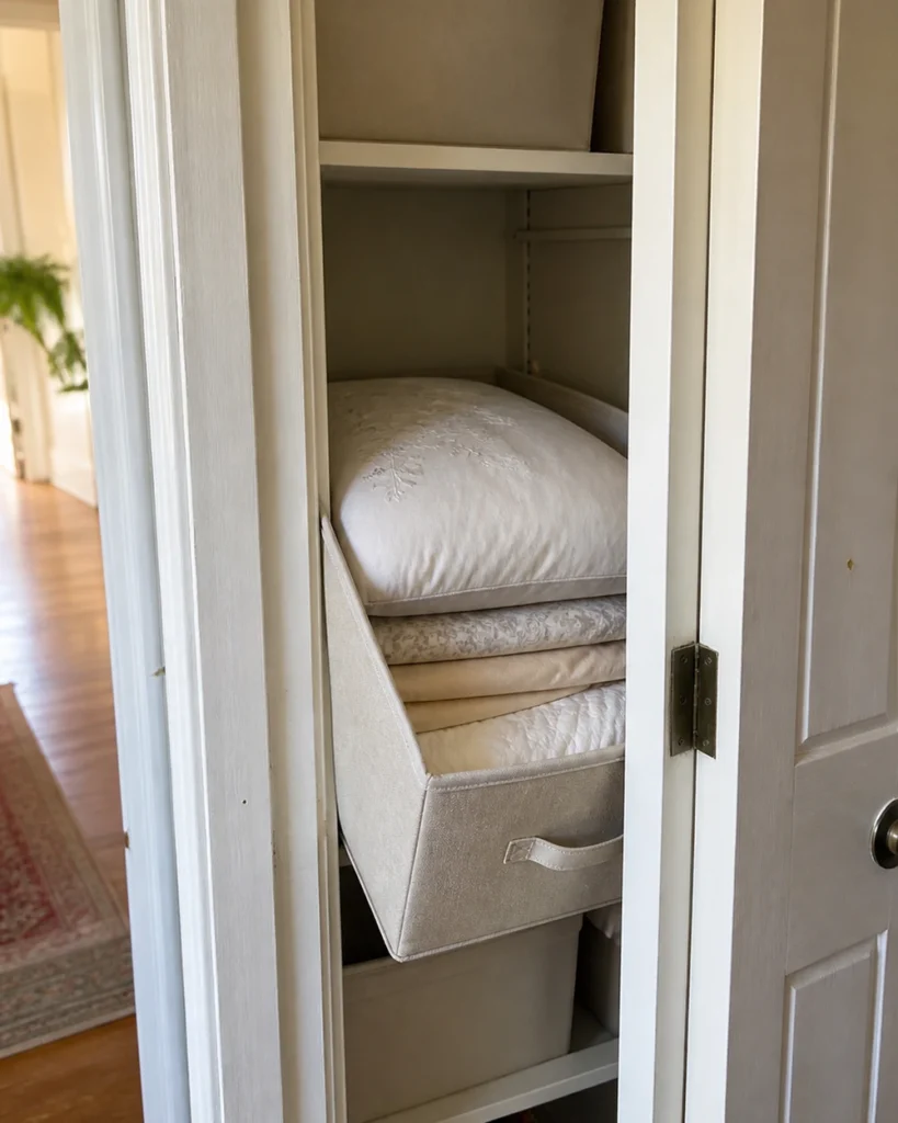 Shallow fabric bin partly pulled from a deep linen shelf through a narrower framed doorway, with its entire light guest-bedding group visible.