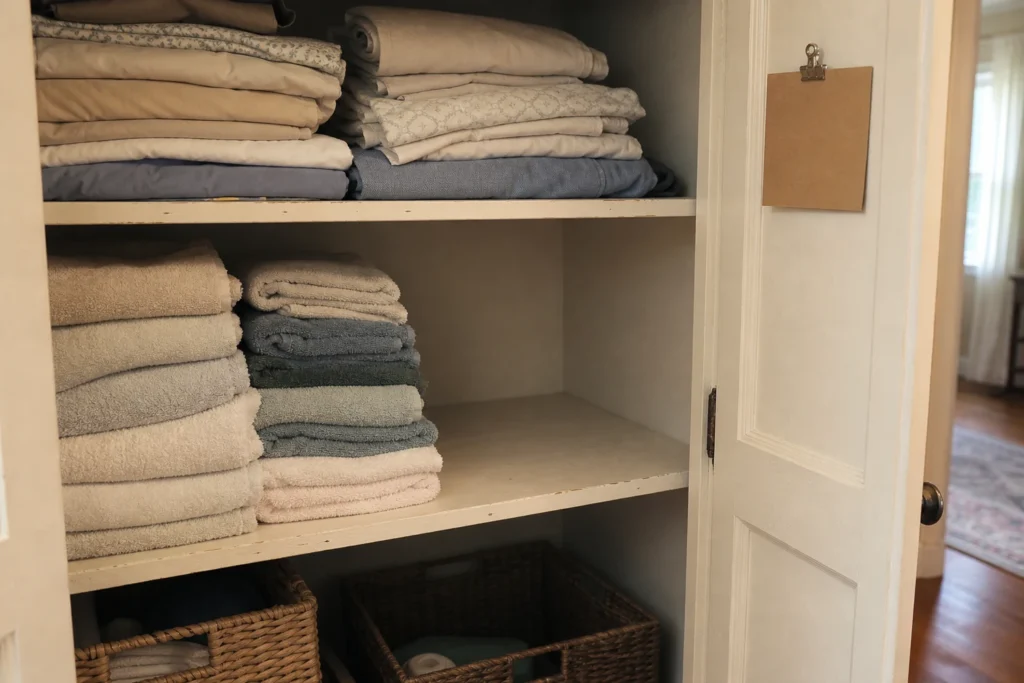 Used linen closet two weeks after a reset, with a partly depleted towel stack, open landing space and a blank audit card clipped inside the door.