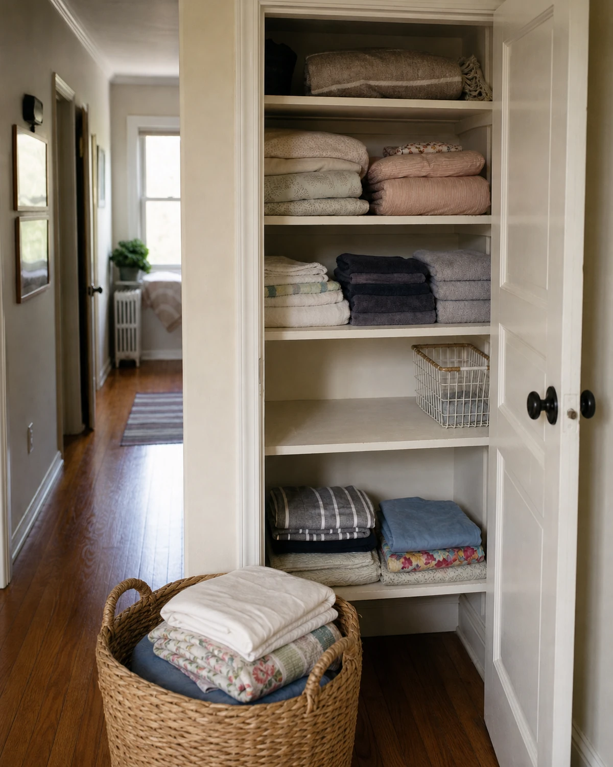 Open five-shelf hall linen closet with ordinary towels and bedding grouped by use, while one folded clean load waits in a basket beside a clear shelf gap.
