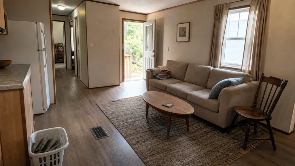 Compact single-wide living area with a clear route between an exterior door, seating and a short hall.