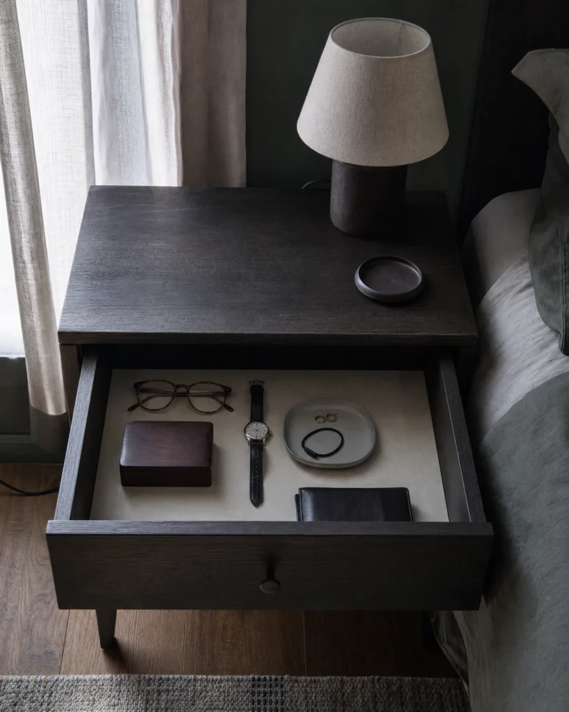 Open dark bedside drawer with a pale removable liner and a small shaded lamp lighting its contents from the side.