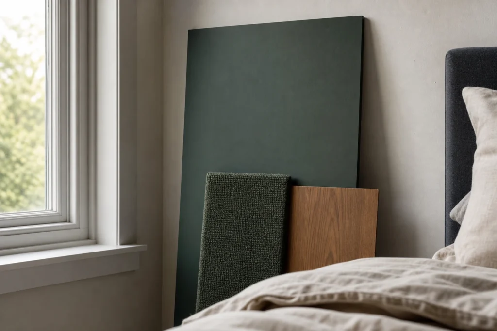 Large dark paint sample, woven green textile, warm wood and pale bedding held together vertically beside a bedroom window.