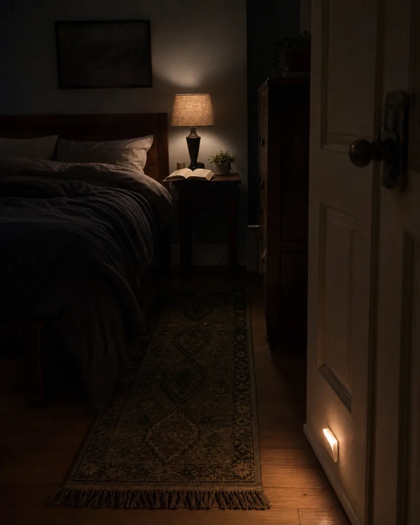 Bedside reading lamp and low doorway light illuminating separate zones in a dark bedroom with a clear floor route.