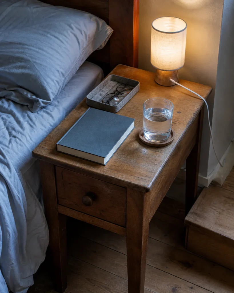 Hand-level bedside view with glasses in a felt tray, water on a coaster and a lamp cable kept in a separate rear zone.