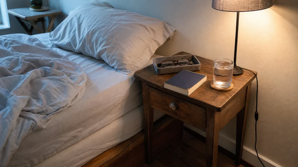 Quiet ordinary bedside at night with a practical shaded lamp, water on one side, glasses in a shallow tray and an unstyled open book