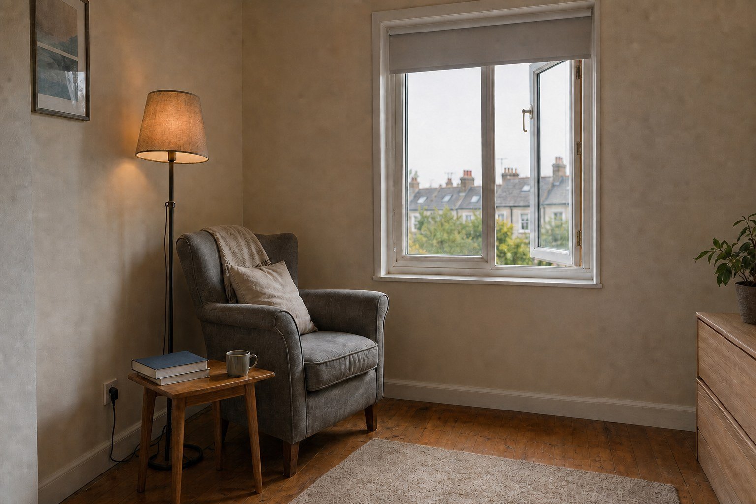 Compact armchair beside an operable window with a stable table, shaded lamp and clear walking route