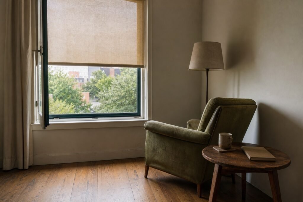 Olive armchair angled away from an open window with a cordless shade lowered halfway and a clear floor route to the latch