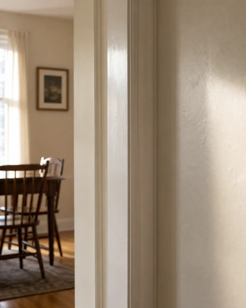 Side light crosses a warm painted hallway wall, revealing subtle roller texture and small old repairs beside a wooden console.