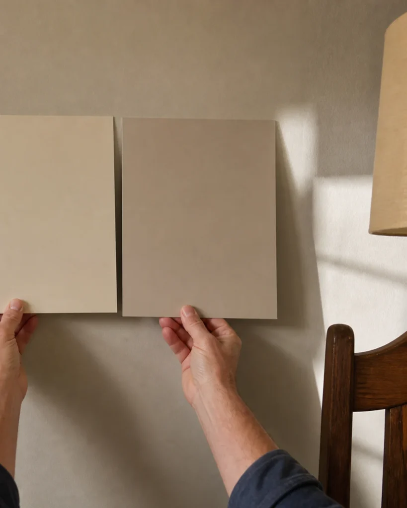 Two plain warm-neutral paint sample boards are held side by side against the dining-passage wall in afternoon light.