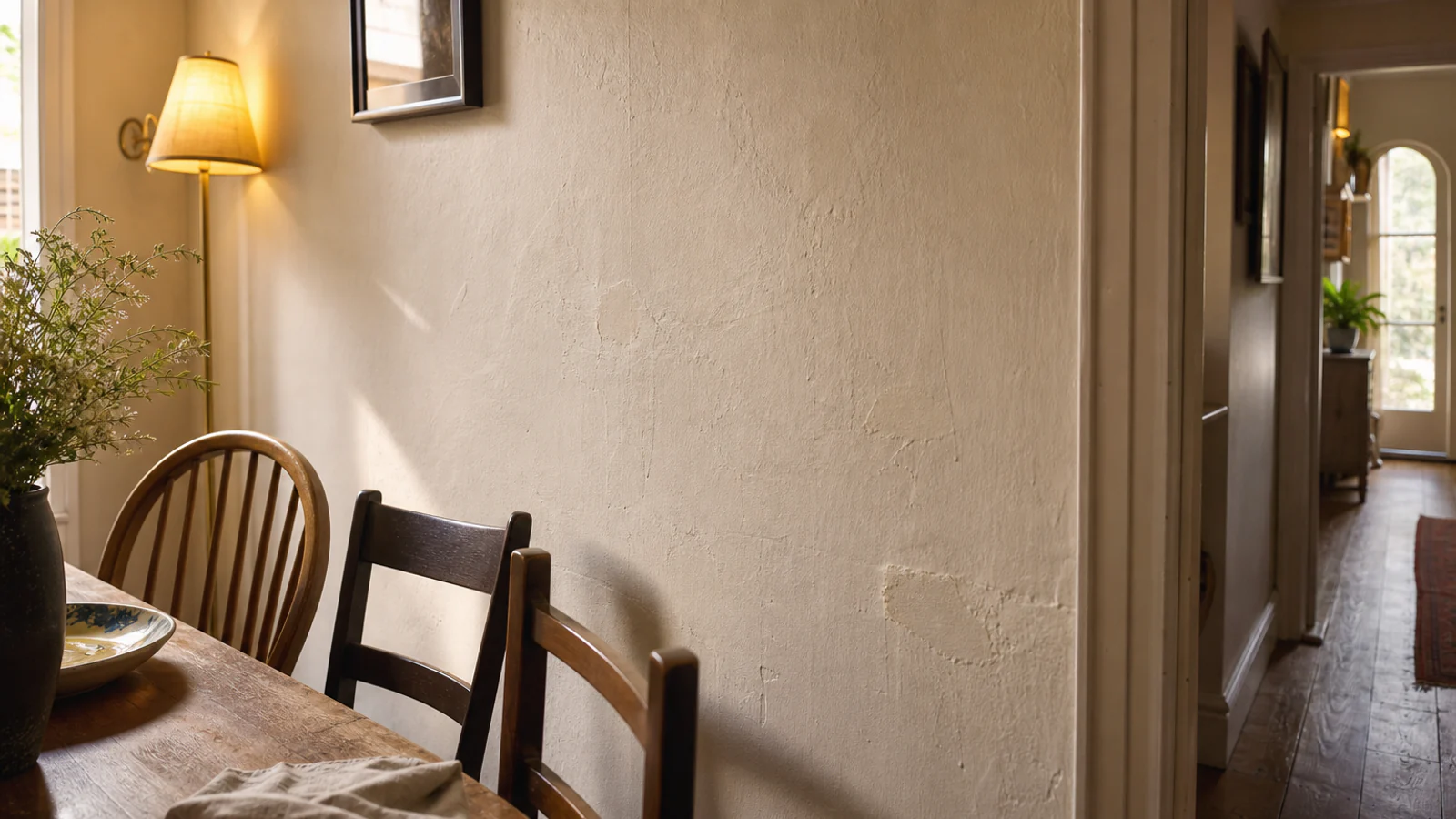 A narrow ordinary dining passage where chair backs sit near a softly patched wall illuminated from the side by an evening lamp.
