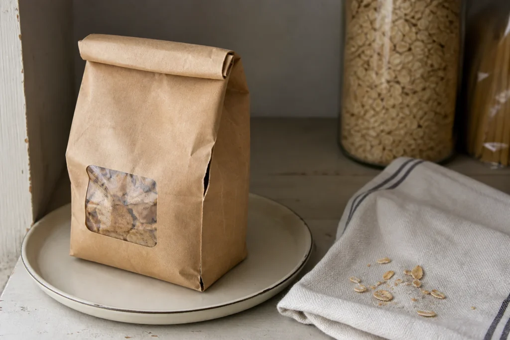 Pantry shelf inspection showing package dates, a damaged packet, crumbs at a shelf corner, and a cloth ready for cleaning