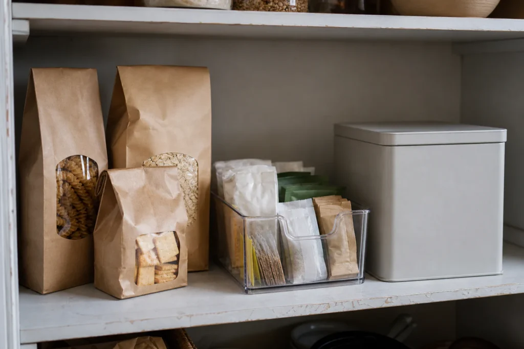Side-by-side pantry comparison of a labelled clear container solving a torn bag and an unnecessary decanted product that lost its instructions