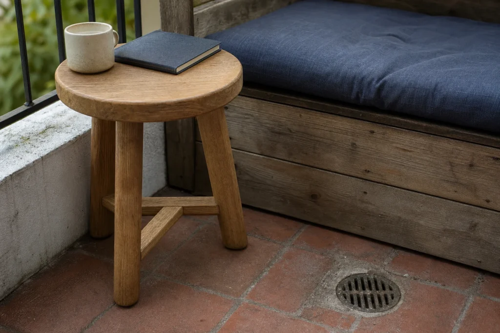 Weathered oak side table beside a navy-cushioned balcony bench with the circular floor drain fully exposed