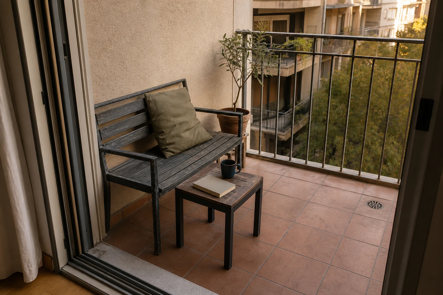 Compact apartment balcony with a weathered two-seat bench, movable table, open sliding-door threshold and visible floor drain