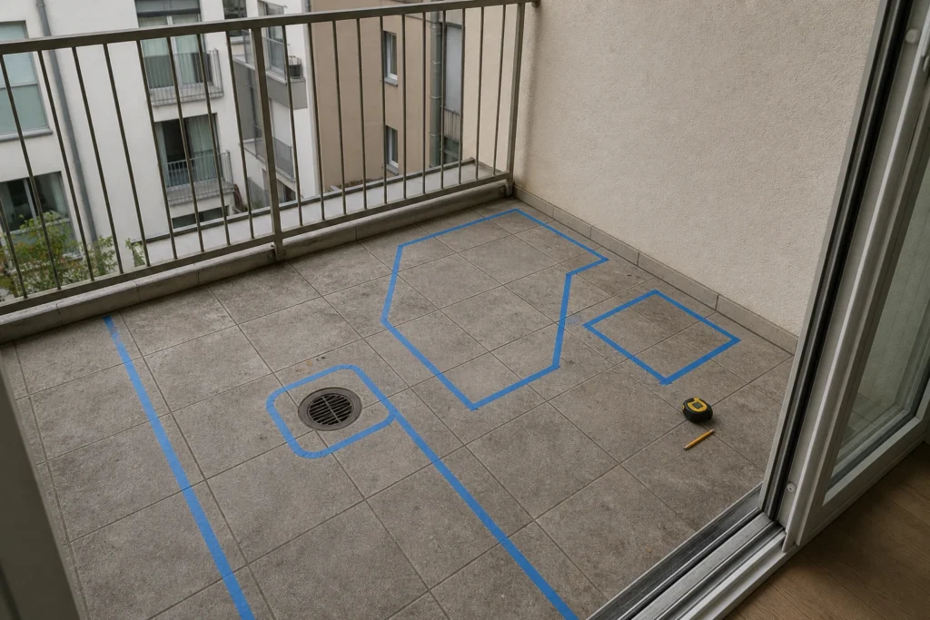 Blue painter tape outlining a chair, side table and keep-clear zones on an empty tiled balcony with threshold and drain visible