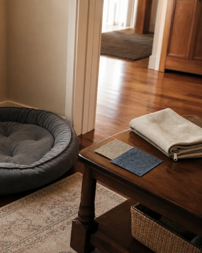 An empty pet bed sits beside the main route while a folded removable cover and two plain fabric swatches rest on a stable table.