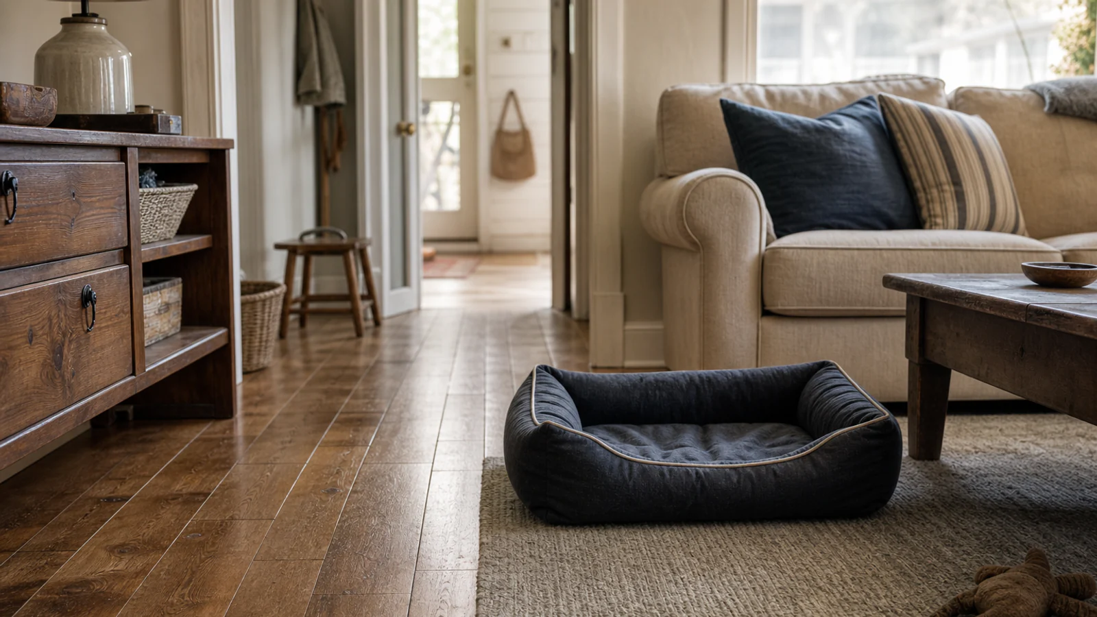 Floor-level view of a lived-in room with an empty dark pet bed beside a rug edge and the clear route toward an interior doorway.