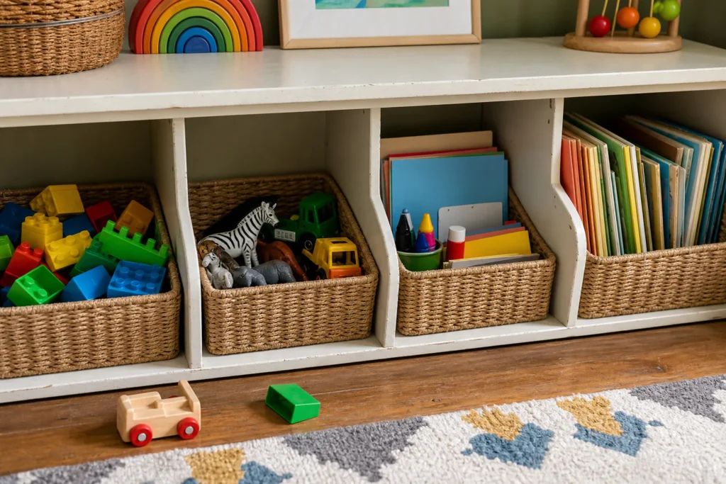 Child-height playroom shelf with broad picture-labelled categories and open bins that can be returned with one motion